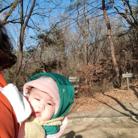 抱っこ紐で外に出た赤ちゃんが、親の腕の中から周りを見ている様子